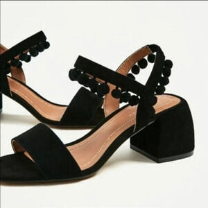 ZARA Leather Pom Pom Ankles Strap Block Heel Size 6